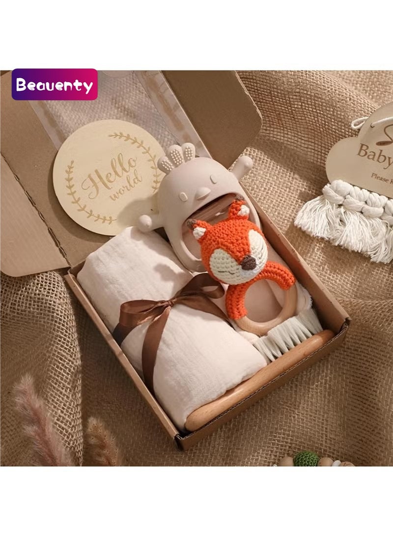 Beauenty Baby Gift Set for Newborn - 6 PCS Newborn Baby Essentials Baby Bath Set with Baby Blanket,Baby Rattle&Teether Toys - New Born Baby Girls & Boys Gift for Baby Shower (Beige) - Image 1