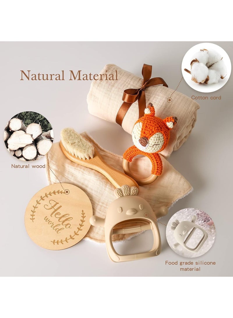 Beauenty Baby Gift Set for Newborn - 6 PCS Newborn Baby Essentials Baby Bath Set with Baby Blanket,Baby Rattle&Teether Toys - New Born Baby Girls & Boys Gift for Baby Shower (Beige) - Image 2