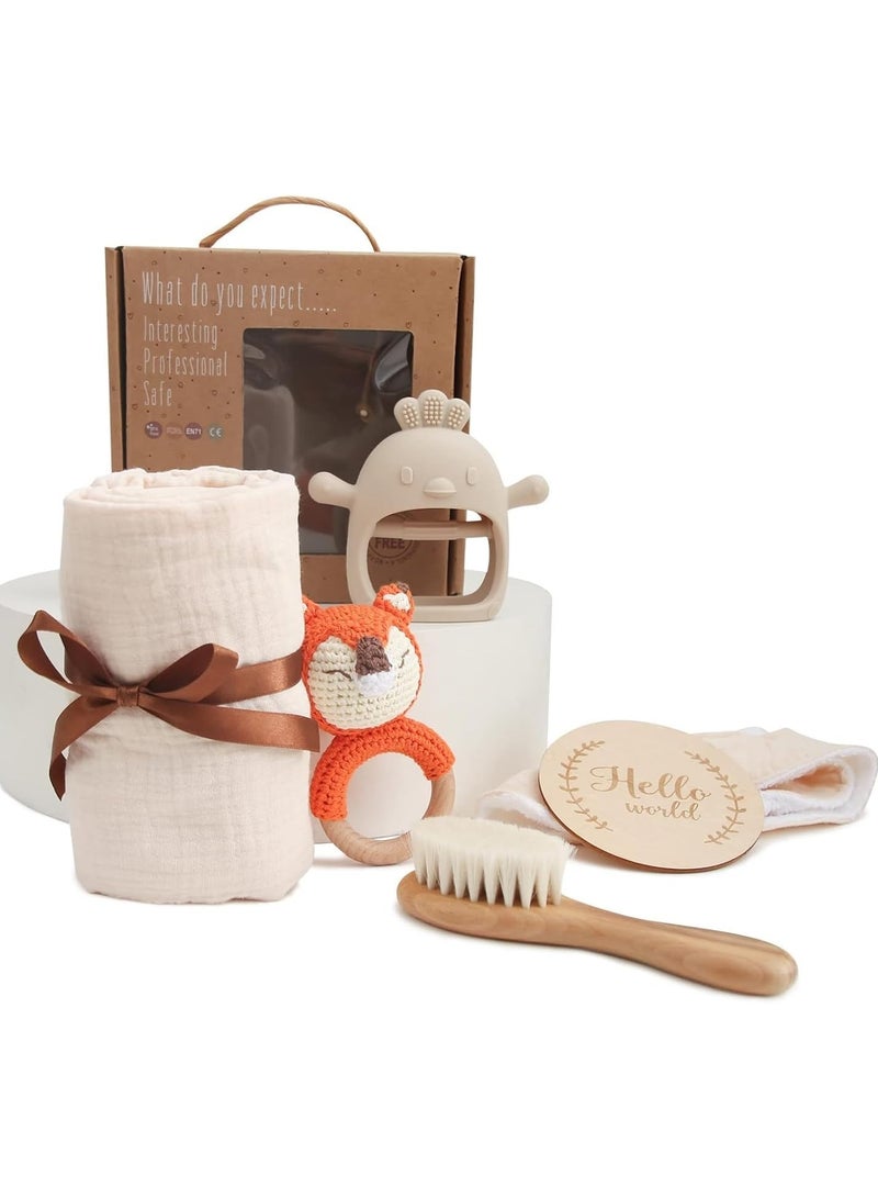 Beauenty Baby Gift Set for Newborn - 6 PCS Newborn Baby Essentials Baby Bath Set with Baby Blanket,Baby Rattle&Teether Toys - New Born Baby Girls & Boys Gift for Baby Shower (Beige) - Image 4