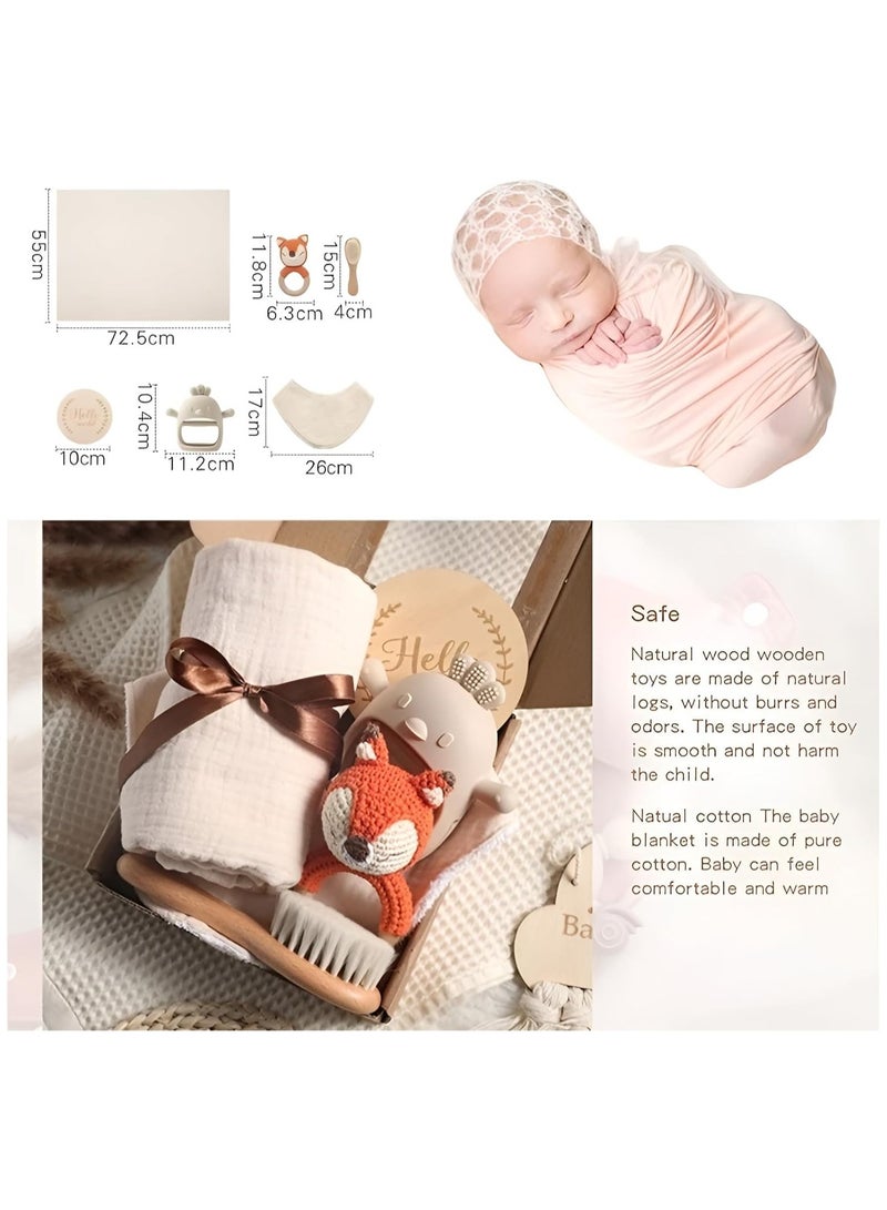Beauenty Baby Gift Set for Newborn - 6 PCS Newborn Baby Essentials Baby Bath Set with Baby Blanket,Baby Rattle&Teether Toys - New Born Baby Girls & Boys Gift for Baby Shower (Beige) - Image 5