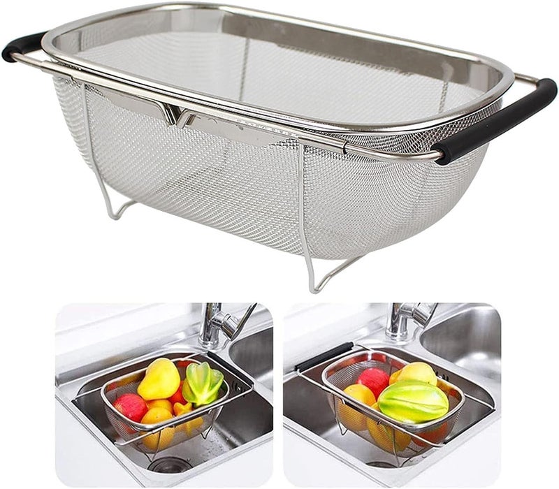 REMANG Over The Sink Colander Strainer Basket Stainless Steel for Kitchen Sink with Rubber Grip Fine Mesh Stainless Steel Large Expandable Metal Strainer for Pasta Food Vegetables 1 Pcs - Image 1