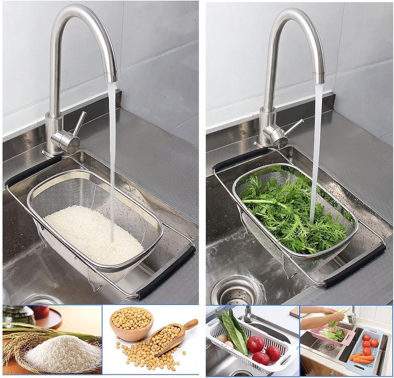 REMANG Over The Sink Colander Strainer Basket Stainless Steel for Kitchen Sink with Rubber Grip Fine Mesh Stainless Steel Large Expandable Metal Strainer for Pasta Food Vegetables 1 Pcs - Image 4