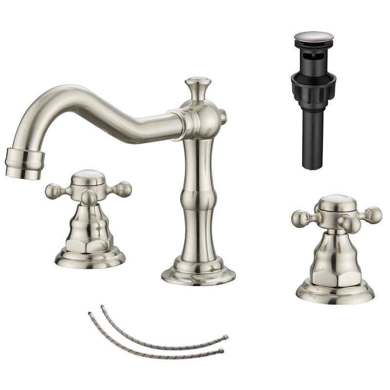 GGStudy 2 Handles 3 Holes Faucet Widespread Bathroom Sink Faucet Brushed Nickel Basin Tap Mixer Faucet Matching Pop Up Drain