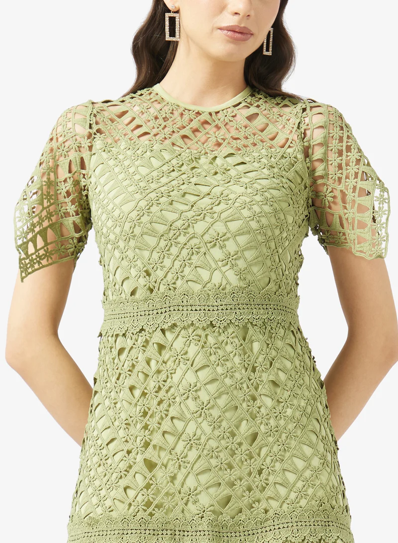 Frock And Frill  Crochet Detailed Short Sleeve Midi Dress for Women | Best Price UAE