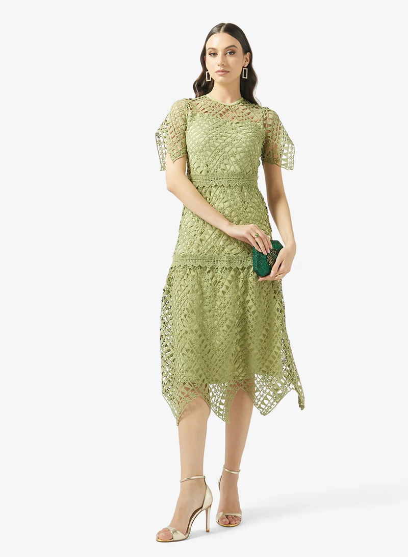 Frock And Frill  Crochet Detailed Short Sleeve Midi Dress for Women | Best Price UAE