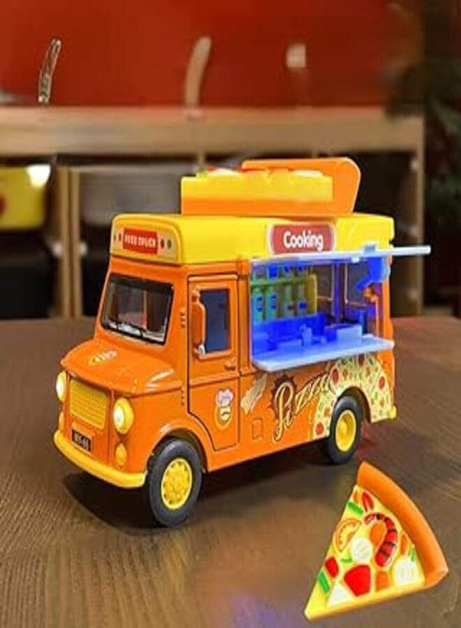 Kids Playhouse Car Ice Cream Ice Cream Hamburger Kitchen Fast Food Bus Music Pull Back Alloy Car Model (Orange Pizza Cart)
