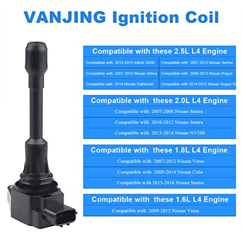VANJING Ignition Coils Pack Compatible with Nissan Altima Sentra Rogue Versa Infiniti QX60 1.6L 1.8L 2.0L 2.5L C1696 UF-549 UF549 5C1753 22448ED000 - Image 2