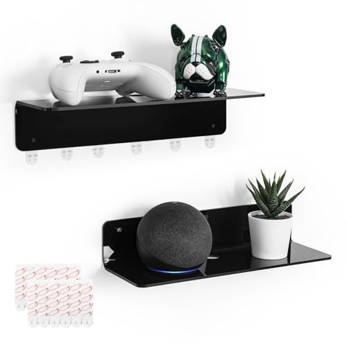 OAPRIRE Black Acrylic Floating Shelves Set of 2 - Damage Free Expand Wall Space - 12 Inch Wall Shelves with Strong Adhesive for Bathroom, Bedroom, etc - Image 1