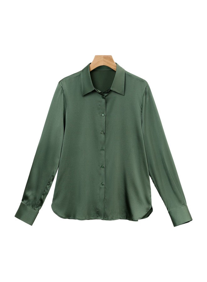 Yanyee High-quality Mulberry Silk Blouse For Women, Early Autumn Commute Professional Slimming Elegant Top, Green, Size S - Image 1