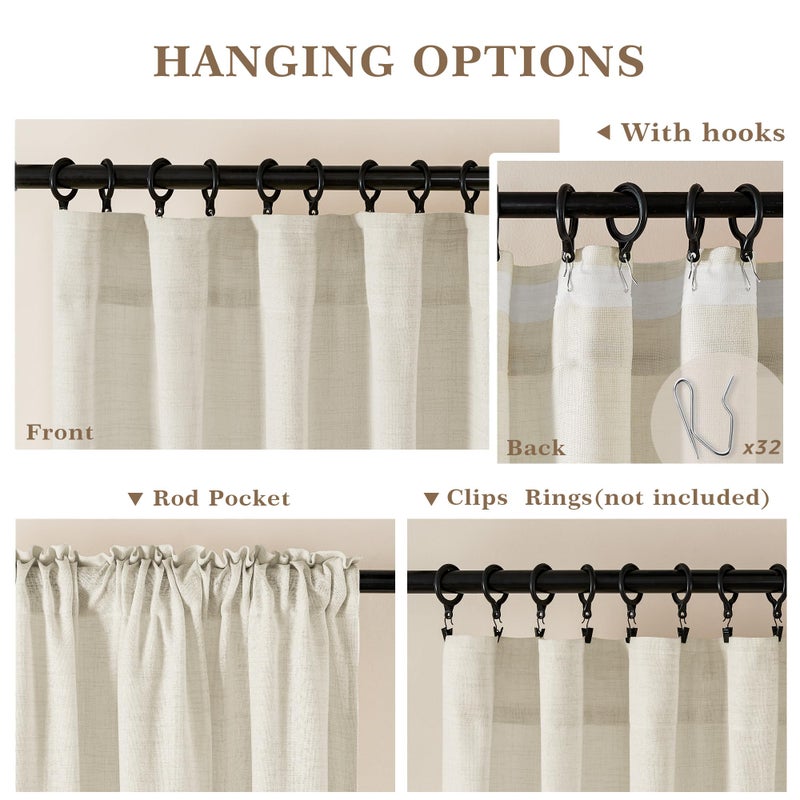 Dukiyo Natural Linen Curtains 84 Inches Long For Living Room Flax Linen Semi Sheer Rod Pocket Belt Hooks Drapes Boho Neutral Privacy Light Filtering Bedroom Cream Curtain 84 Inch Length 2 Panels - Image 3
