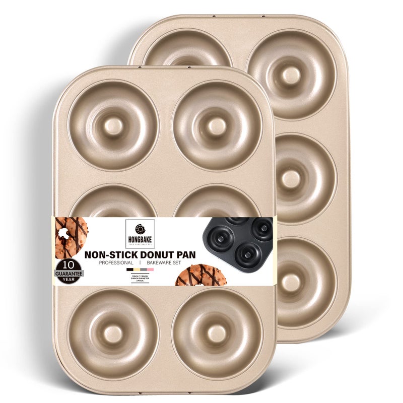 HONGBAKE Nonstick Donut Pans For Baking 2Pack 6 Cavity Upgraded Deepened Doughnut Tray Heavy Duty Mini Bagel Mold for Oven  Bronze Gold