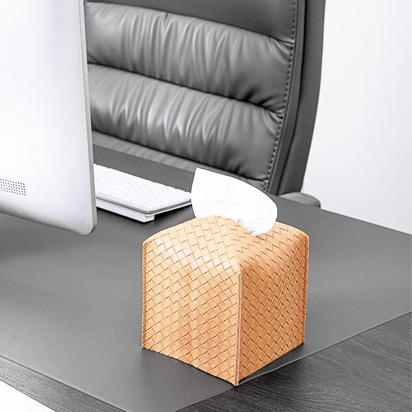 zoocatia Tissue Box Cover PU Leather Tissue Holder Square Facial Tissue Case Facial Paper Organizer Dispenser for Bathroom, Vanity Countertop, Tabletop, Car, Khaki - Image 2