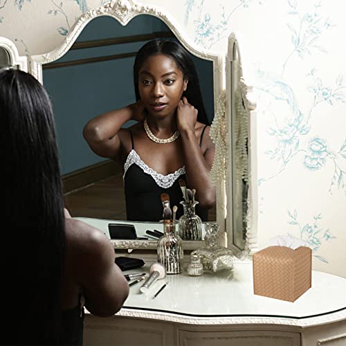 zoocatia Tissue Box Cover PU Leather Tissue Holder Square Facial Tissue Case Facial Paper Organizer Dispenser for Bathroom, Vanity Countertop, Tabletop, Car, Khaki - Image 3