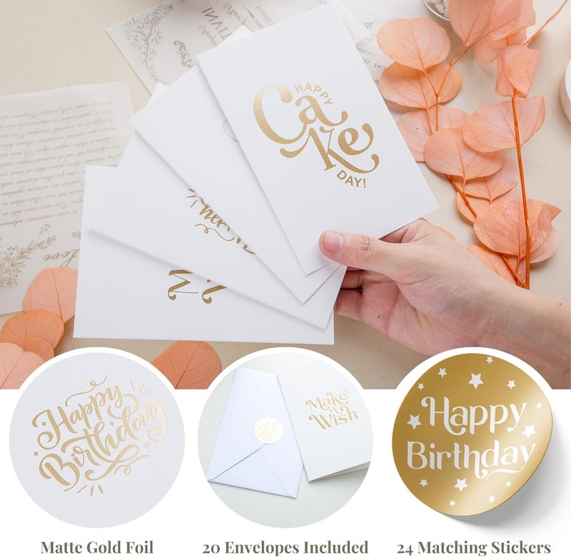 Paper Play 20 Pack Assorted Birthday Cards - 4 Matte Gold Foil Designs Happy Birthday Cards - 4 x 6 Inches Blank Birthday Notes Bulk Box Set - Greeting Cards with Envelopes & Gold Foil Stickers - Image 2