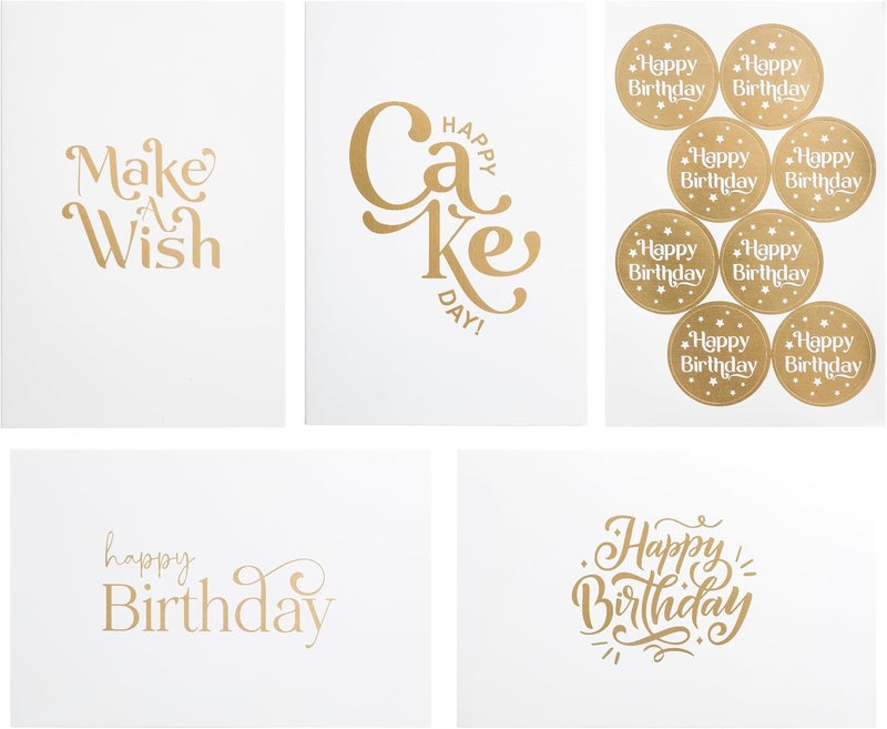 Paper Play 20 Pack Assorted Birthday Cards - 4 Matte Gold Foil Designs Happy Birthday Cards - 4 x 6 Inches Blank Birthday Notes Bulk Box Set - Greeting Cards with Envelopes & Gold Foil Stickers - Image 1