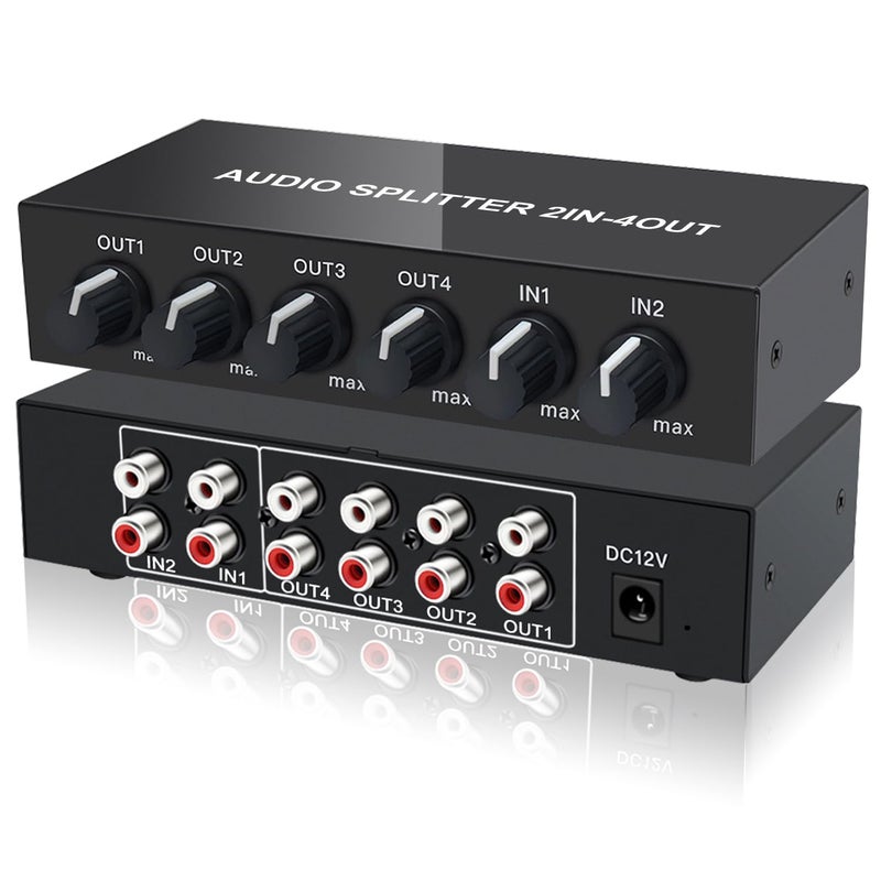 FlyroadUp 2 in 4 Out RCA L/R Audio Splitter Stereo Line Level Distributor Mixer with Independent Volume Control for Home Theater, DJ, Studio - Image 1
