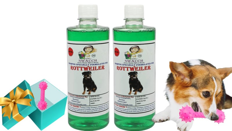 swacch Rottweiler Dog Shampoo + Dumbbell Toy I Durable Rubber Dog Toy for Chewing I Playing,Teeth Cleaning & Training Toy I Combo Pack I 500ml Pack of 2 Neem Alovera - Image 1