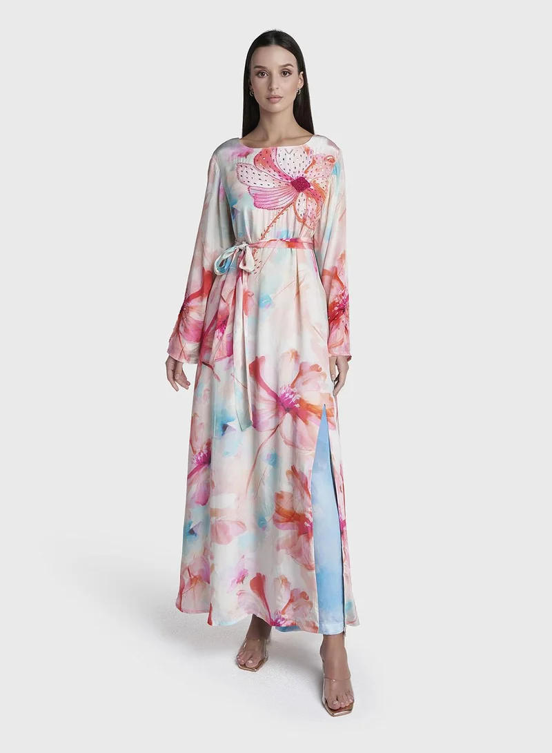 Kashkha Peach Colour Hand Work Viscose Crepe Floral Printed Dress (VDX15)