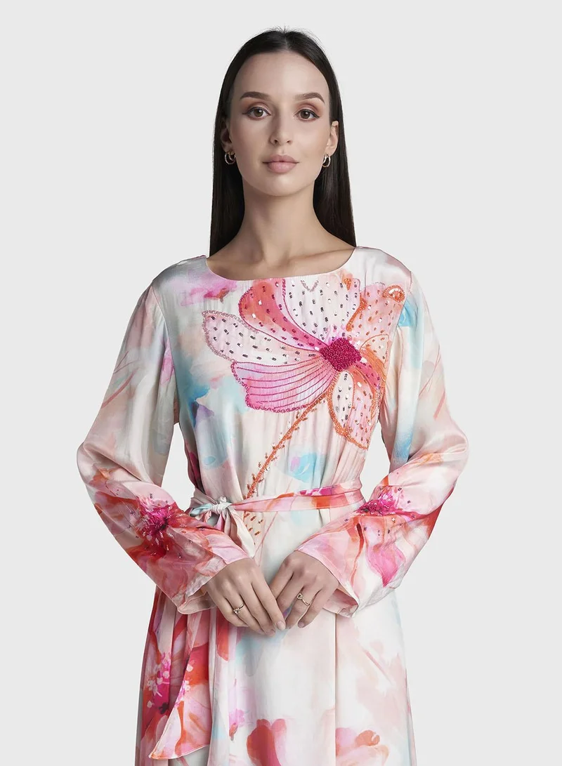 Kashkha Peach Colour Hand Work Viscose Crepe Floral Printed Dress (VDX15)