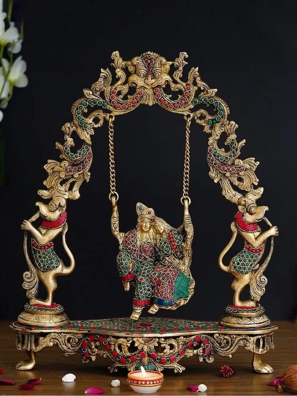 MVs Madh Ventures MVs Madh Ventures Radha Krishna Statue on Swing Multicolor Stone Work Shree Krishna with Radha Rani Home Decor Idol On Jhula Figurine Gift Item LxWxH46x13x38Cm Wt78Kg  - Image 1