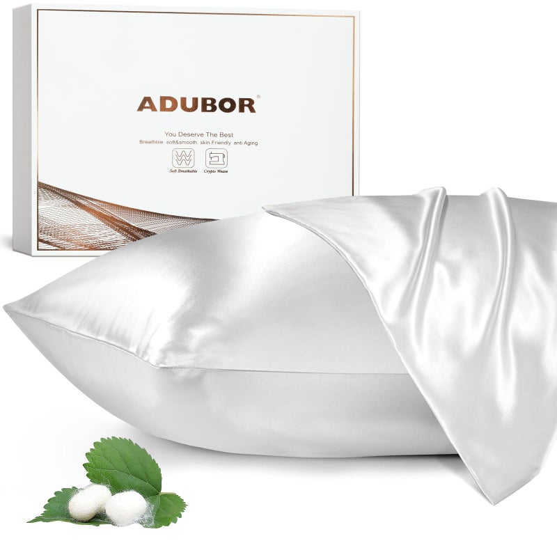 Adubor Silk Pillow Case 23 Momme 6A Grade Fibers 900 Thread Count Silk Pillow Cases for Hair and Skin Health with Hidden Zipper King 2040 White 1PC