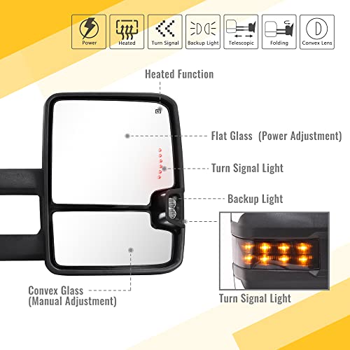 Sanooer Towing Mirrors for 2007-2013 Chevy Silverado Suburban Tahoe Avalanche GMC Sierra Yukon with Power Glass Turn Signal Light Backup Lamp Heated Extendable Pair Set (white paint 8624) - Image 2