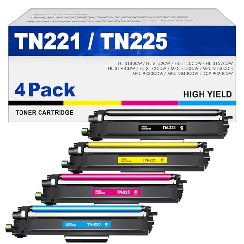 DMGE TN221 Toner Cartridges 4 Pack TN225 - Replacement for Brother tn221 tn221bk tn225 Compatible with Brother MFC-9130CW Toner Cartridge, HL-3170CDW Toner Cartridge, HL-3140CW MFC-9330CDW Printer - Image 1