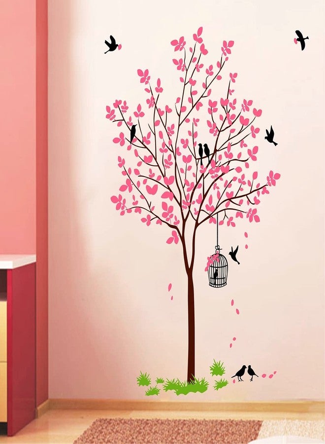 BYTE SHOP ملصق جداري على شكل شجرة وطيور لغرفة المعيشة، غرفة النوم، ديكور غرفة الأطفال، لون وردي - Image 1