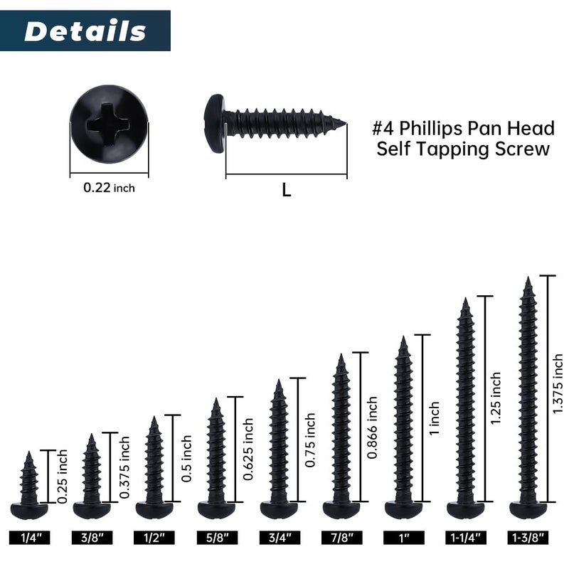 Glvaner #4 x 1-1/4 inch Phillips Pan Head Self Tapping Screws for Wood, Black Coated, 304 Stainless Steel 18-8, Round Head Sheet Metal Tek Screws, 100 pcs - Image 5