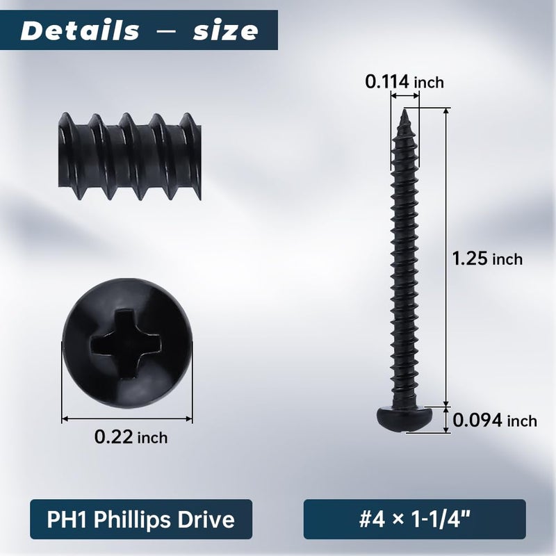 Glvaner #4 x 1-1/4 inch Phillips Pan Head Self Tapping Screws for Wood, Black Coated, 304 Stainless Steel 18-8, Round Head Sheet Metal Tek Screws, 100 pcs - Image 3