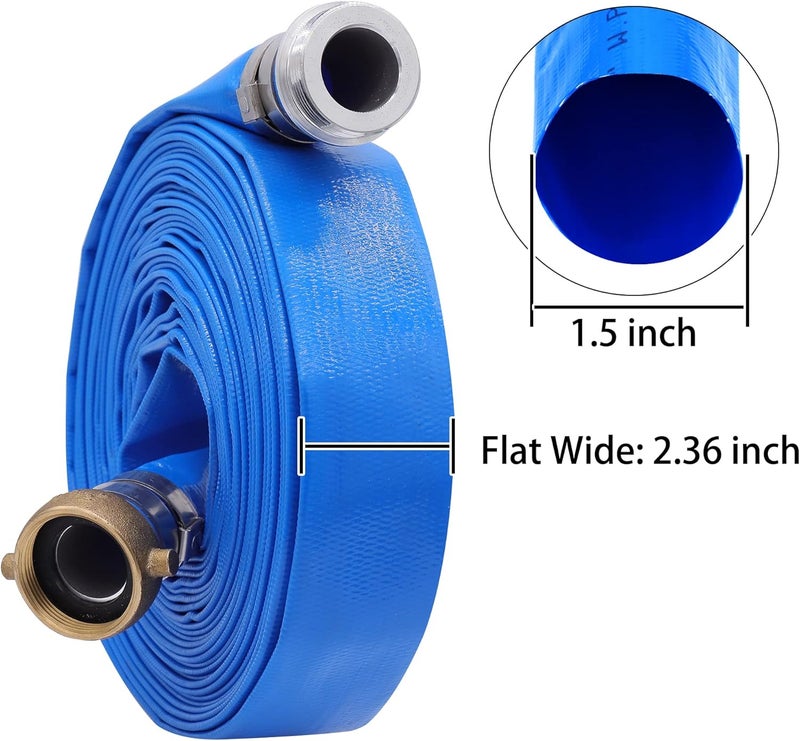 Geowaky 1-1/2" x 50′ PVC Lay Flat Water Pump Discharge Hose With Aluminum Pin Lug Fittings, Heavy Duty Reinforced Pool Backwash Hose Assembly - Image 2
