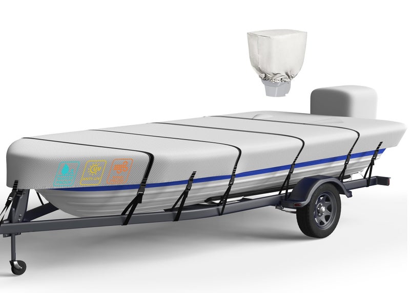Nukugula Heavy Duty 5 Layers 1200D Jon Boat Cover 14ft - 16ft with Motor Cover, 100% Waterproof Trailerable Jon Boat Covers 14-16 Foot with 9+4 Pcs Windproof Straps - Image 1