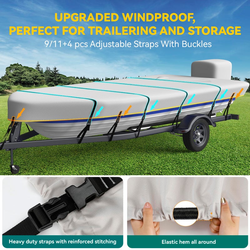 Nukugula Heavy Duty 5 Layers 1200D Jon Boat Cover 14ft - 16ft with Motor Cover, 100% Waterproof Trailerable Jon Boat Covers 14-16 Foot with 9+4 Pcs Windproof Straps - Image 4