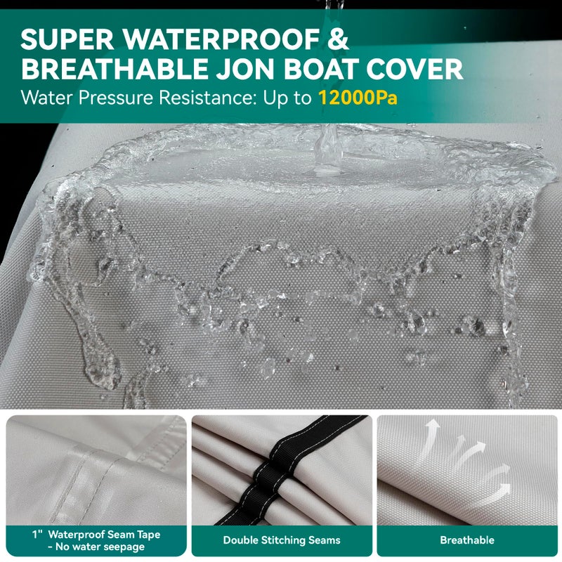 Nukugula Heavy Duty 5 Layers 1200D Jon Boat Cover 14ft - 16ft with Motor Cover, 100% Waterproof Trailerable Jon Boat Covers 14-16 Foot with 9+4 Pcs Windproof Straps - Image 3