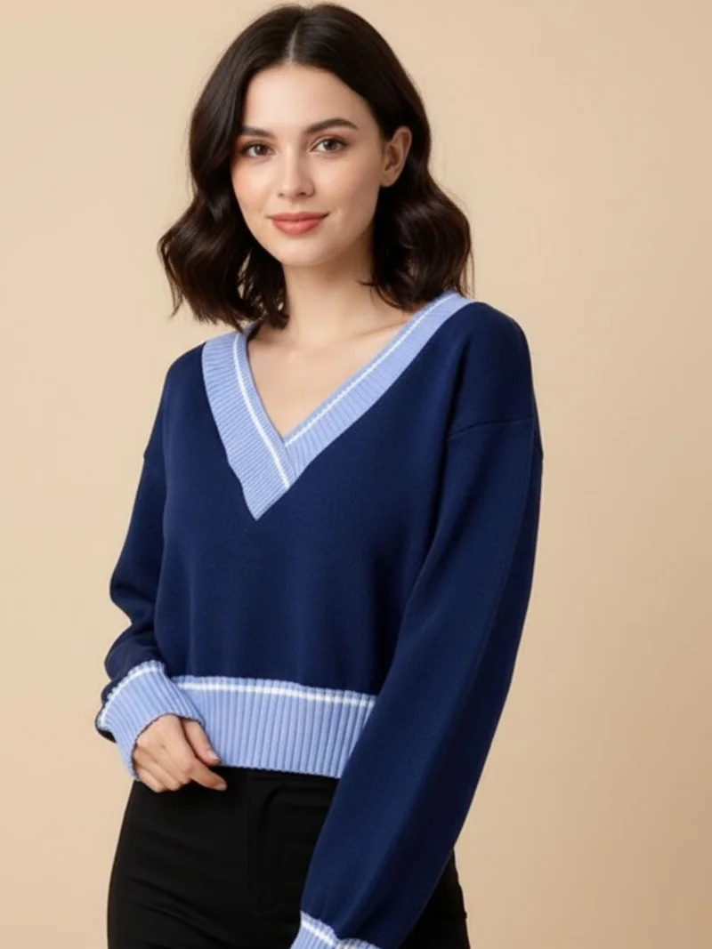 Navy Blue Full Sleeve Contrast Sweater