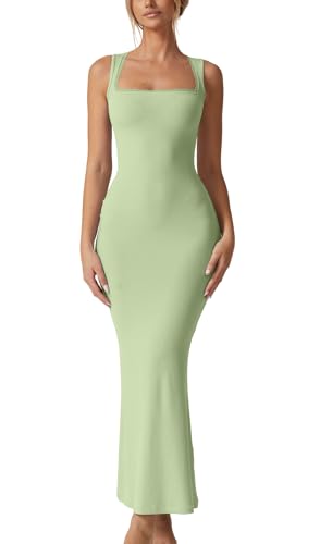 QINSEN Women's Square Neck with Lace Detail Long Maxi Dress Sleeveless Lounge Ribbed Full Length Dresses Green L - Image 1