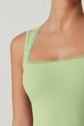 QINSEN Women's Square Neck with Lace Detail Long Maxi Dress Sleeveless Lounge Ribbed Full Length Dresses Green L - Image 5