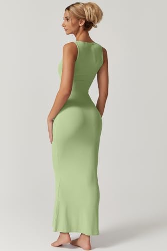 QINSEN Women's Square Neck with Lace Detail Long Maxi Dress Sleeveless Lounge Ribbed Full Length Dresses Green L - Image 4