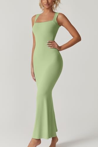 QINSEN Women's Square Neck with Lace Detail Long Maxi Dress Sleeveless Lounge Ribbed Full Length Dresses Green L - Image 3
