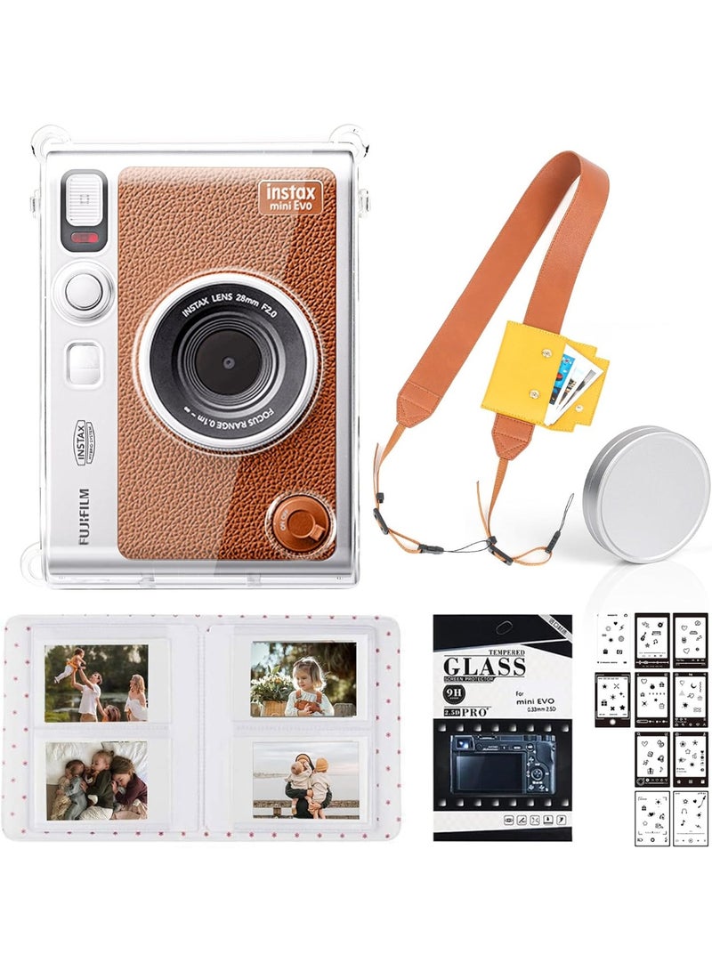 olayks Fujifilm Instax Mini EVO Camera Accessories Set, Includes Clear PVC Case Cover, Lens Cap, Brown Detachable & Adjustable Shoulder Strap With Card Bag, Album For Mini 3-Inch Film, Screen Protector, DIY Stickers (No Camera) - Image 1