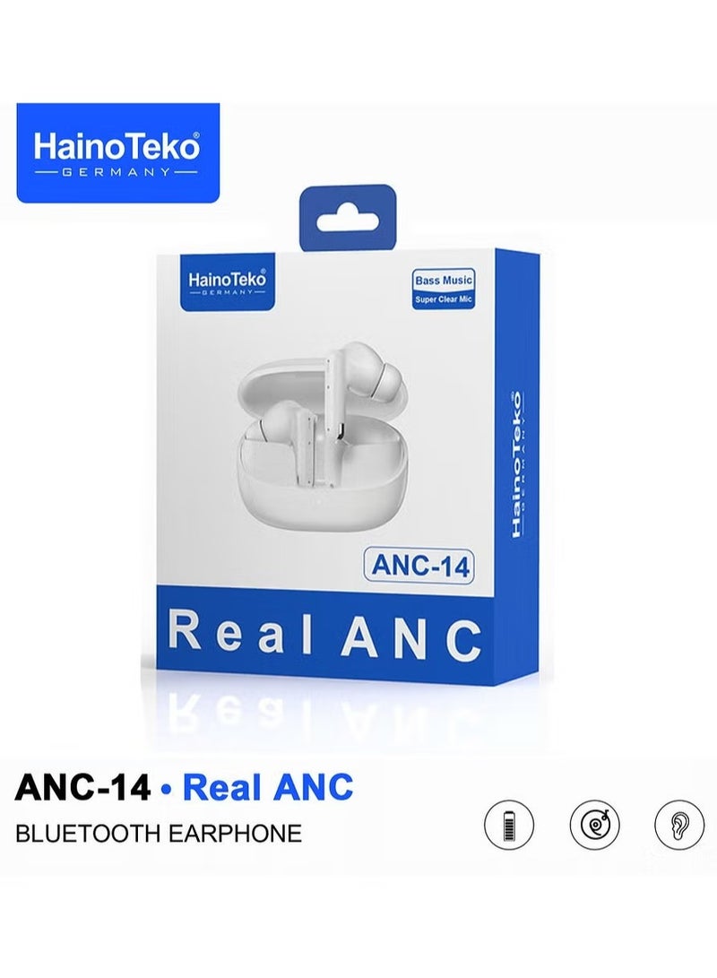 Haino Teko ANC-14 Bluetooth Earphones with Real Active Noise Cancellation, Bass Music Experience, Super Clear Microphone & Multi-Functional Touch Control – Compatible with Android Mobiles & Tablets – Wireless White Earbuds for Premium Sound & Clear Calls - Image 5