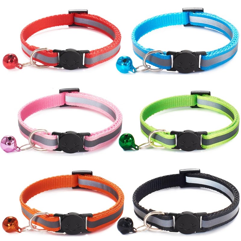 Jigichu 6 Pack Reflective Cat Collar with Bell, Breakaway and Safe Collars for Cats, Nylon, Pet Collar Mixed Colors Adjustable19-32cm - Image 1