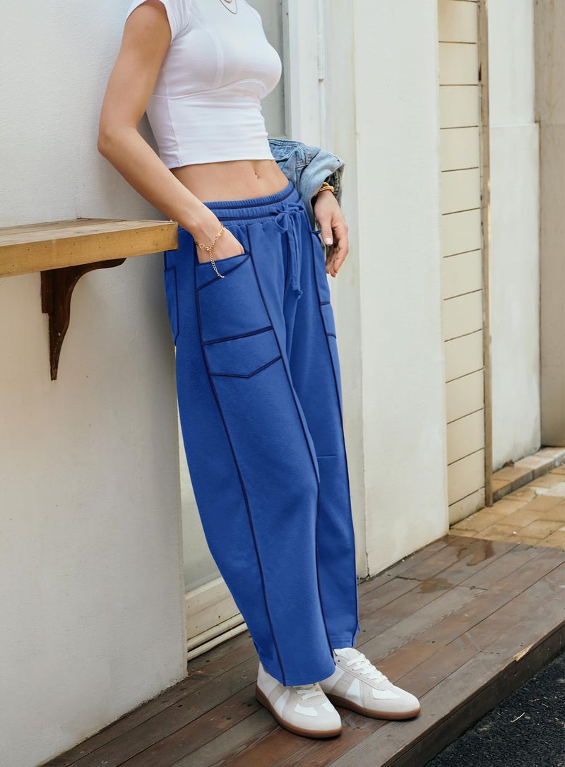 Yanekop Womens Baggy Wide Leg Pants Casual Fall Trousers Palazzo Pants Drawstring Waist Barrel Sweatpants with Pockets(Royal Blue,M) - Image 4