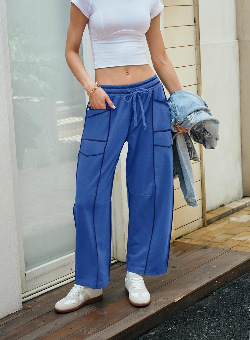 Yanekop Womens Baggy Wide Leg Pants Casual Fall Trousers Palazzo Pants Drawstring Waist Barrel Sweatpants with Pockets(Royal Blue,M) - Image 3