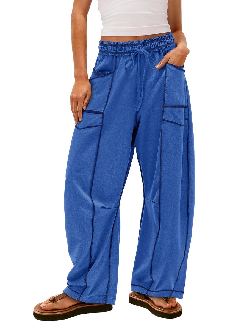 Yanekop Womens Baggy Wide Leg Pants Casual Fall Trousers Palazzo Pants Drawstring Waist Barrel Sweatpants with Pockets(Royal Blue,M) - Image 1