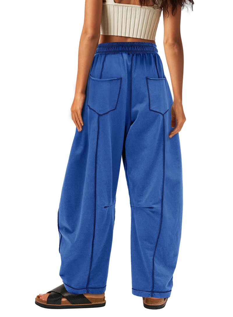 Yanekop Womens Baggy Wide Leg Pants Casual Fall Trousers Palazzo Pants Drawstring Waist Barrel Sweatpants with Pockets(Royal Blue,M) - Image 2