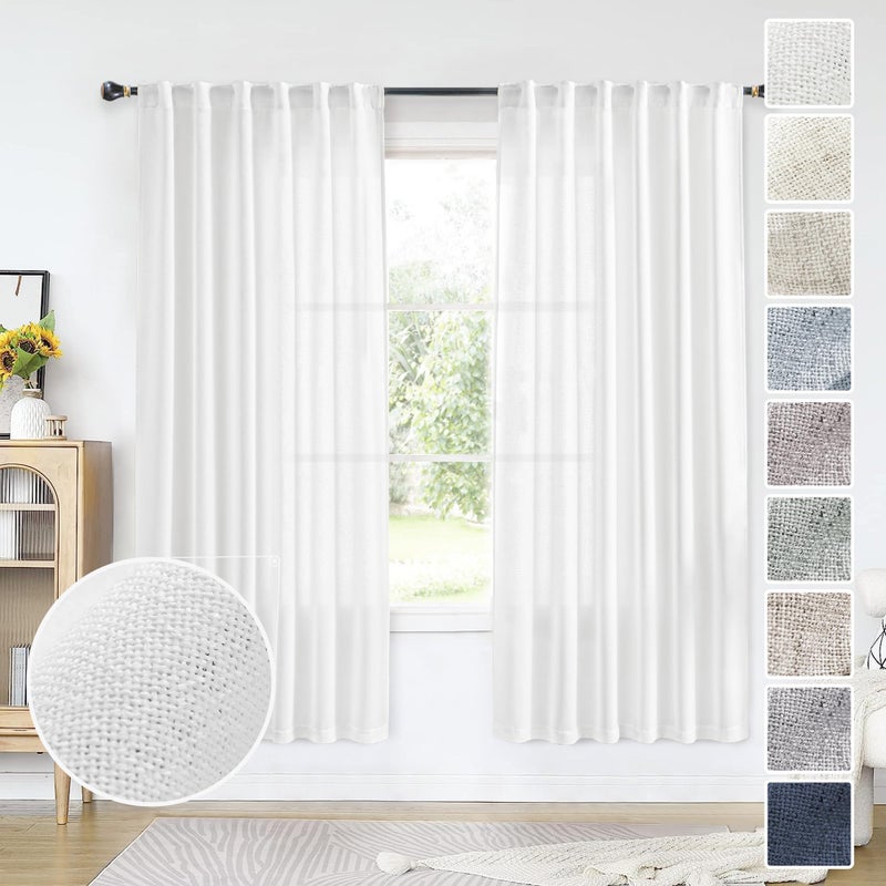 MEETBILY White Linen Curtains 63 Inch Length for Living Room 2 Panels Back Tab Pocket Modern Farmhouse Semi Sheer Light Filtering Curtain Drapes for Kitchen Dining Room Bathroom  50x63 Inches Long - Image 1