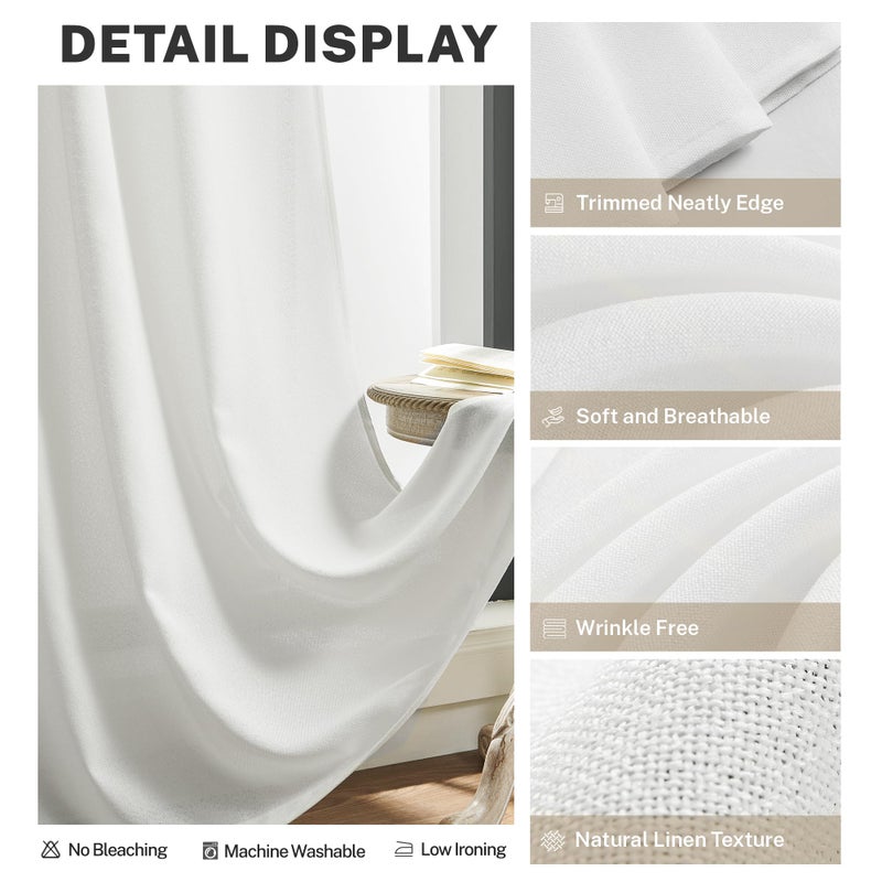 MEETBILY White Linen Curtains 63 Inch Length for Living Room 2 Panels Back Tab Pocket Modern Farmhouse Semi Sheer Light Filtering Curtain Drapes for Kitchen Dining Room Bathroom  50x63 Inches Long - Image 3