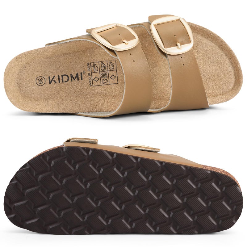 KIDMI Women's Cork Footbed Slide Sandals Comfortable Arch Support Outdoor Sandal with Big Adjustable Buckle for Summer Camel Brown Size 8-8.5 (39) - Image 3