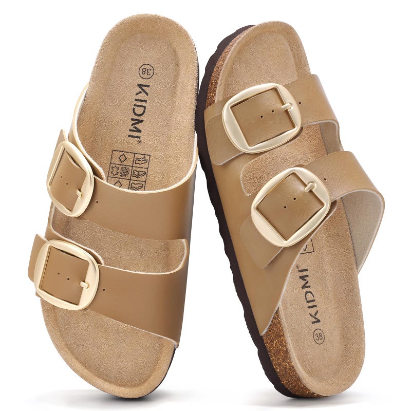 KIDMI Women's Cork Footbed Slide Sandals Comfortable Arch Support Outdoor Sandal with Big Adjustable Buckle for Summer Camel Brown Size 8-8.5 (39) - Image 1